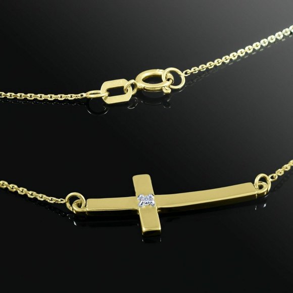 14K Real Yellow Gold Sideways Curve Cross Necklace - Picture 1 of 8